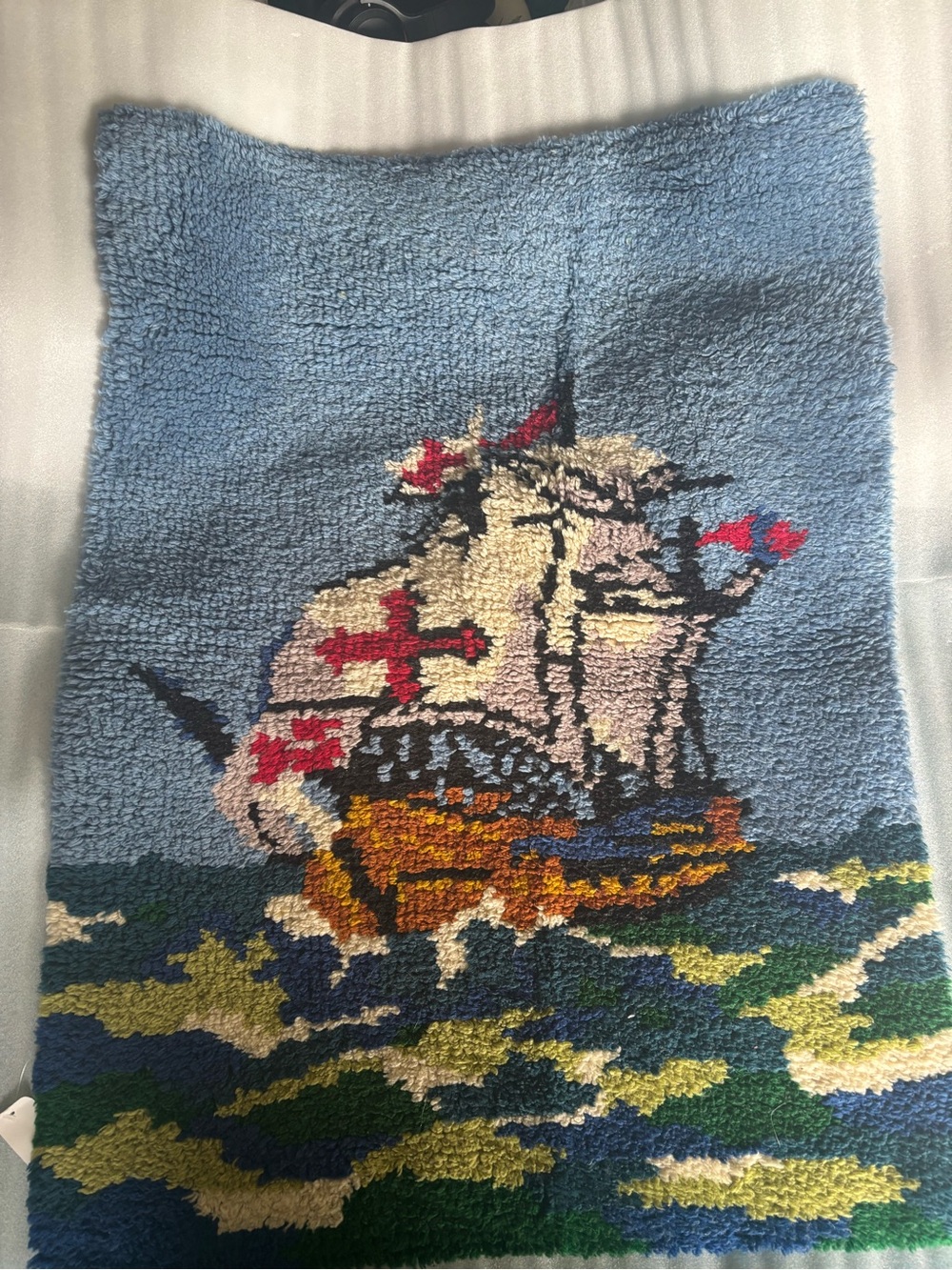 Vintage Completed Latch Hook shag Rug 36x27 Nautical Sailing Ship